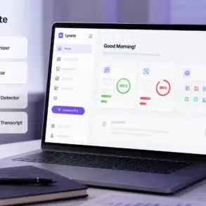Laptop displaying the Lynote AI platform dashboard, with AI Humanizer, AI Detector, AI Image Detector, and YouTube Transcript tools listed beside it.