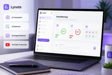 Laptop displaying the Lynote AI platform dashboard, with AI Humanizer, AI Detector, AI Image Detector, and YouTube Transcript tools listed beside it.