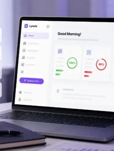Laptop displaying the Lynote AI platform dashboard, with AI Humanizer, AI Detector, AI Image Detector, and YouTube Transcript tools listed beside it.
