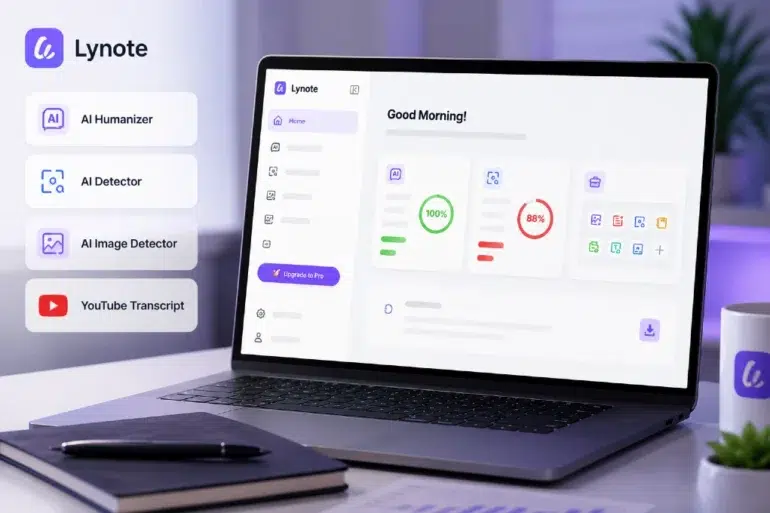 Laptop displaying the Lynote AI platform dashboard, with AI Humanizer, AI Detector, AI Image Detector, and YouTube Transcript tools listed beside it.