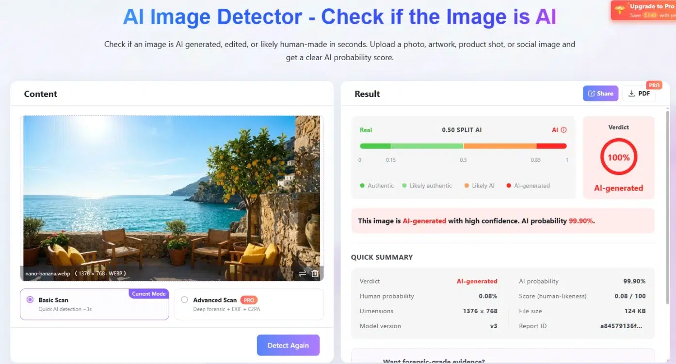 Screenshot of an AI image detector identifying a seaside terrace scene with ocean views, cliffs, trees, and outdoor seating as AI-generated with 99.90% confidence.