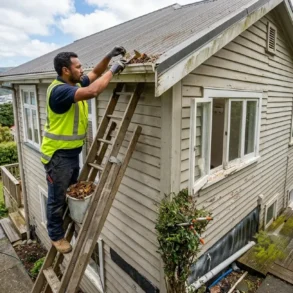 Three workers in high-visibility vests clean leaves from a house gutter, with one standing on a ladder beside the roof.