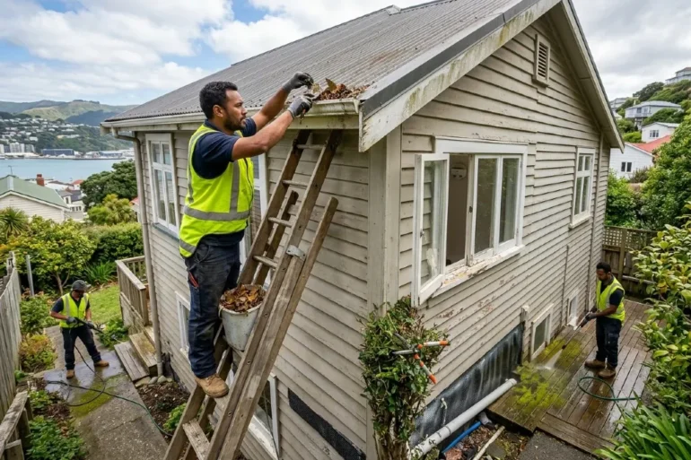 Three workers in high-visibility vests clean leaves from a house gutter, with one standing on a ladder beside the roof.