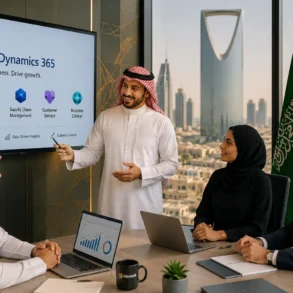 Business meeting with four people in traditional Saudi attire and a suited man, beside a screen displaying Microsoft Dynamics 365.