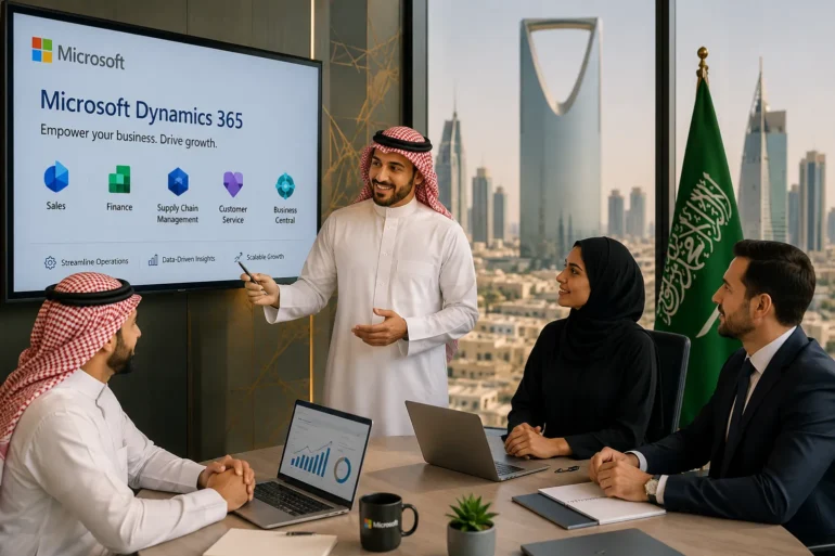 Business meeting with four people in traditional Saudi attire and a suited man, beside a screen displaying Microsoft Dynamics 365.