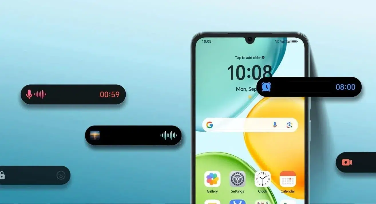Smartphone displaying its home screen at 10:08, surrounded by floating black notification bars showing voice recording, alarm, video, and lock icons.