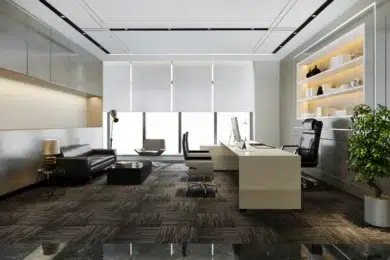 Modern executive office with a black leather seating area, white desk, computer, illuminated display shelves, large windows, and a potted tree.
