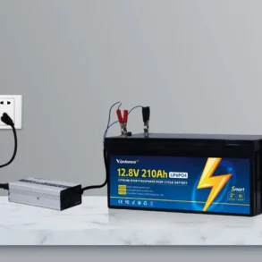 A 12.8-volt 210Ah LiFePO4 battery connected to a silver inverter and wall outlet, with red and black clamps attached.