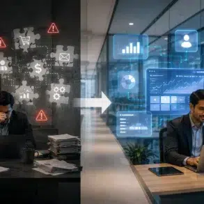 Split image showing a stressed man amid paperwork and warning icons, contrasted with a smiling man using a laptop and digital business graphics.