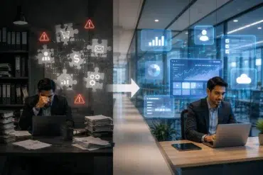 Split image showing a stressed man amid paperwork and warning icons, contrasted with a smiling man using a laptop and digital business graphics.