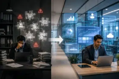 Split image showing a stressed man amid paperwork and warning icons, contrasted with a smiling man using a laptop and digital business graphics.