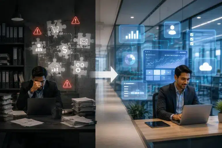 Split image showing a stressed man amid paperwork and warning icons, contrasted with a smiling man using a laptop and digital business graphics.