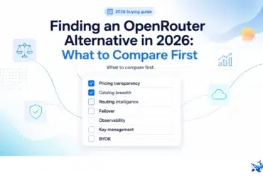 Graphic titled “Finding an OpenRouter Alternative in 2026,” with a checklist comparing pricing, catalog breadth, routing, failover, observability, key management, and BYOK.