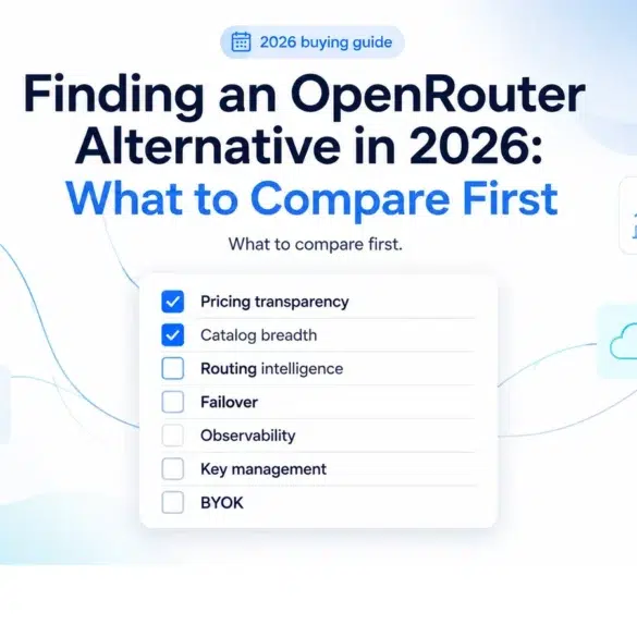 Graphic titled “Finding an OpenRouter Alternative in 2026,” with a checklist comparing pricing, catalog breadth, routing, failover, observability, key management, and BYOK.