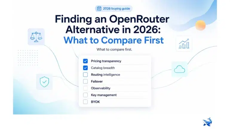 Graphic titled “Finding an OpenRouter Alternative in 2026,” with a checklist comparing pricing, catalog breadth, routing, failover, observability, key management, and BYOK.