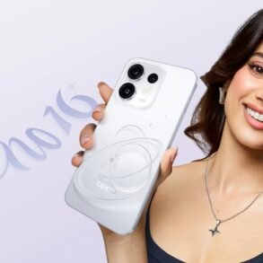 Smiling woman with long dark hair holds a white OPPO smartphone featuring triple rear cameras and a circular wireless charging design against a pale promotional background.