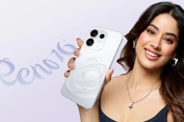 Smiling woman with long dark hair holds a white OPPO smartphone featuring triple rear cameras and a circular wireless charging design against a pale promotional background.
