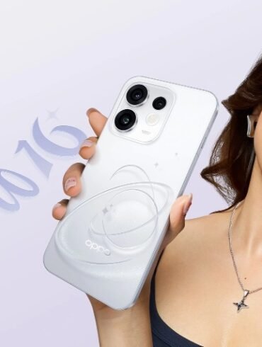 Smiling woman with long dark hair holds a white OPPO smartphone featuring triple rear cameras and a circular wireless charging design against a pale promotional background.