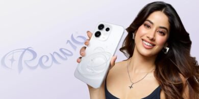 Smiling woman with long dark hair holds a white OPPO smartphone featuring triple rear cameras and a circular wireless charging design against a pale promotional background.