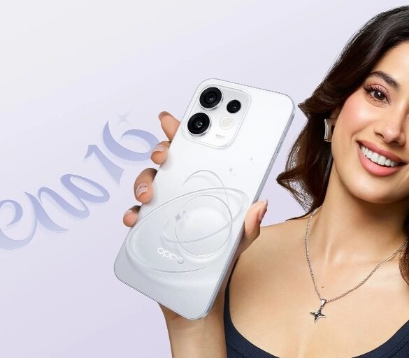 Smiling woman with long dark hair holds a white OPPO smartphone featuring triple rear cameras and a circular wireless charging design against a pale promotional background.
