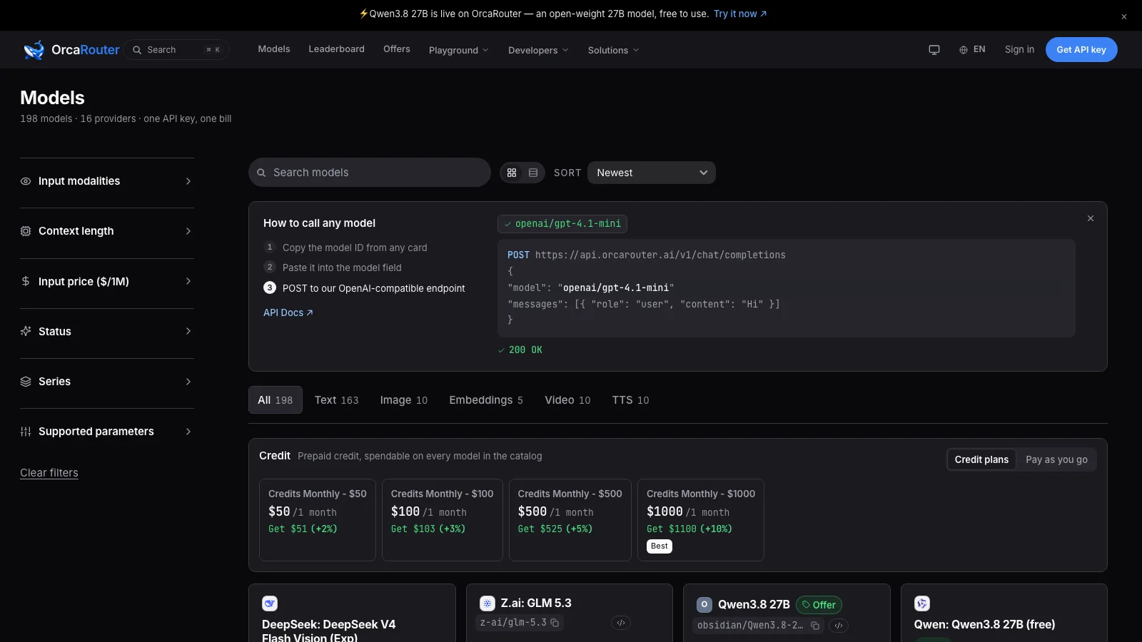 OrcaRouter Models webpage showing a model search, API call example, credit plan cards, and model listings including DeepSeek, GLM, Qwen, and Qwen3.