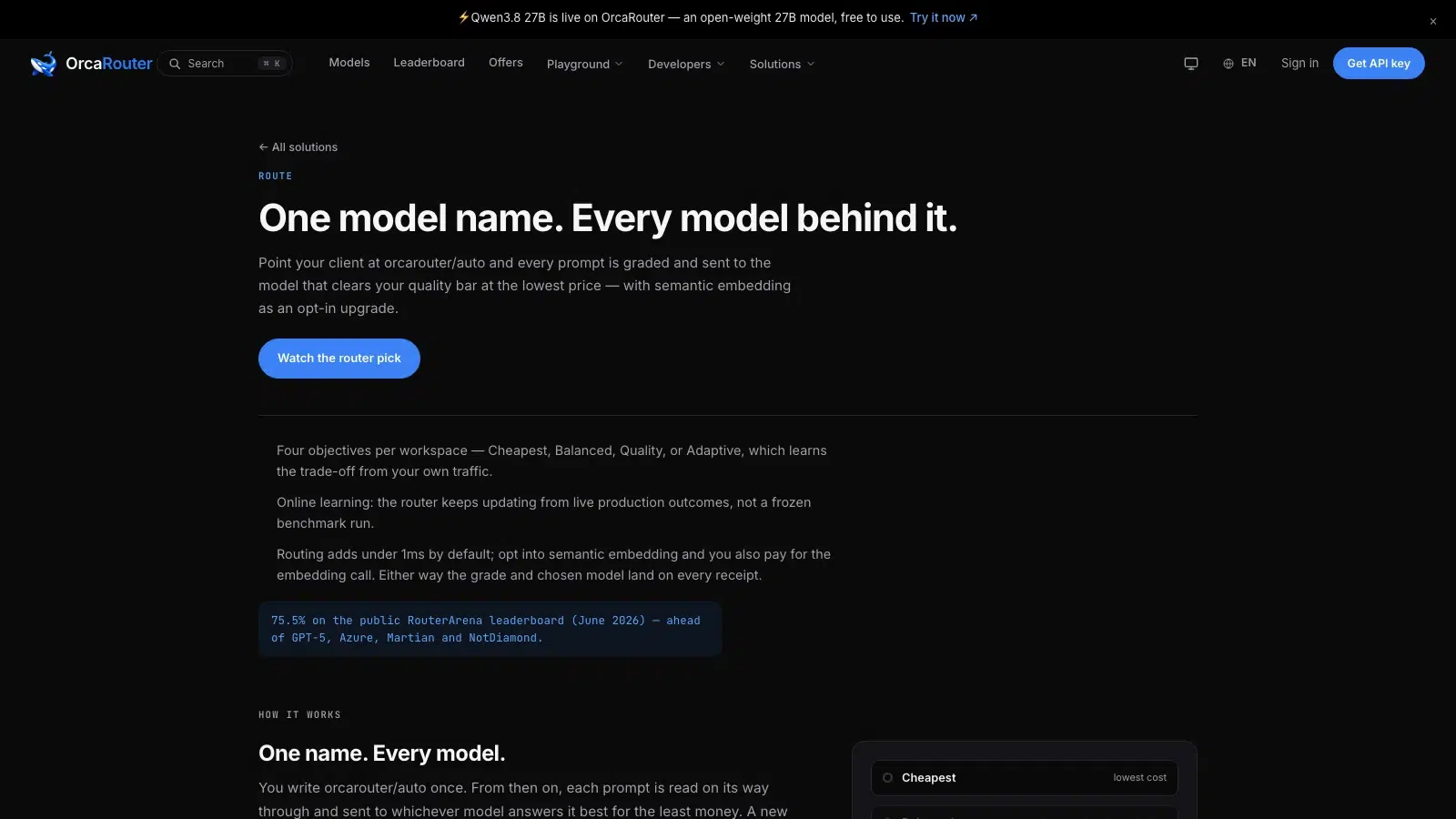 Dark OrcaRouter webpage with the headline “One model name. Every model behind it.” and a blue “Watch the router pick” button.