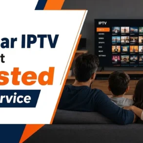 Parivaar IPTV promotional graphic showing a family watching a streaming menu on television beside text calling it “The Most Trusted IPTV service.”
