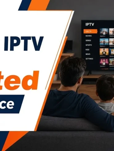 Parivaar IPTV promotional graphic showing a family watching a streaming menu on television beside text calling it “The Most Trusted IPTV service.”