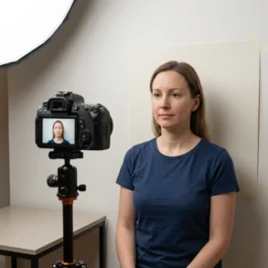 Woman in a navy T-shirt sits against a plain backdrop while a camera on a tripod and softbox light set up a portrait shoot.