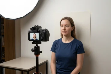 Woman in a navy T-shirt sits against a plain backdrop while a camera on a tripod and softbox light set up a portrait shoot.