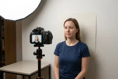 Woman in a navy T-shirt sits against a plain backdrop while a camera on a tripod and softbox light set up a portrait shoot.