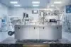 Industrial blister packaging machine with film rolls, control panels, and sample pill blister packs displayed in a clean pharmaceutical production setting.
