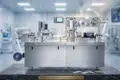 Industrial blister packaging machine with film rolls, control panels, and sample pill blister packs displayed in a clean pharmaceutical production setting.