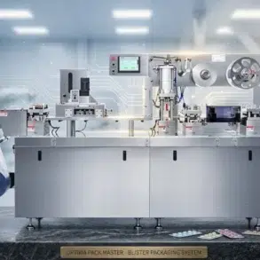 Industrial blister packaging machine with film rolls, control panels, and sample pill blister packs displayed in a clean pharmaceutical production setting.