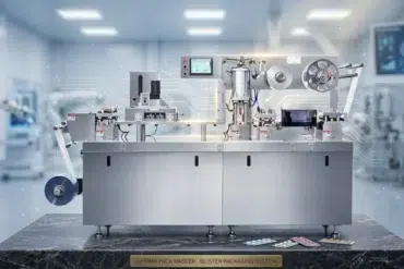 Industrial blister packaging machine with film rolls, control panels, and sample pill blister packs displayed in a clean pharmaceutical production setting.