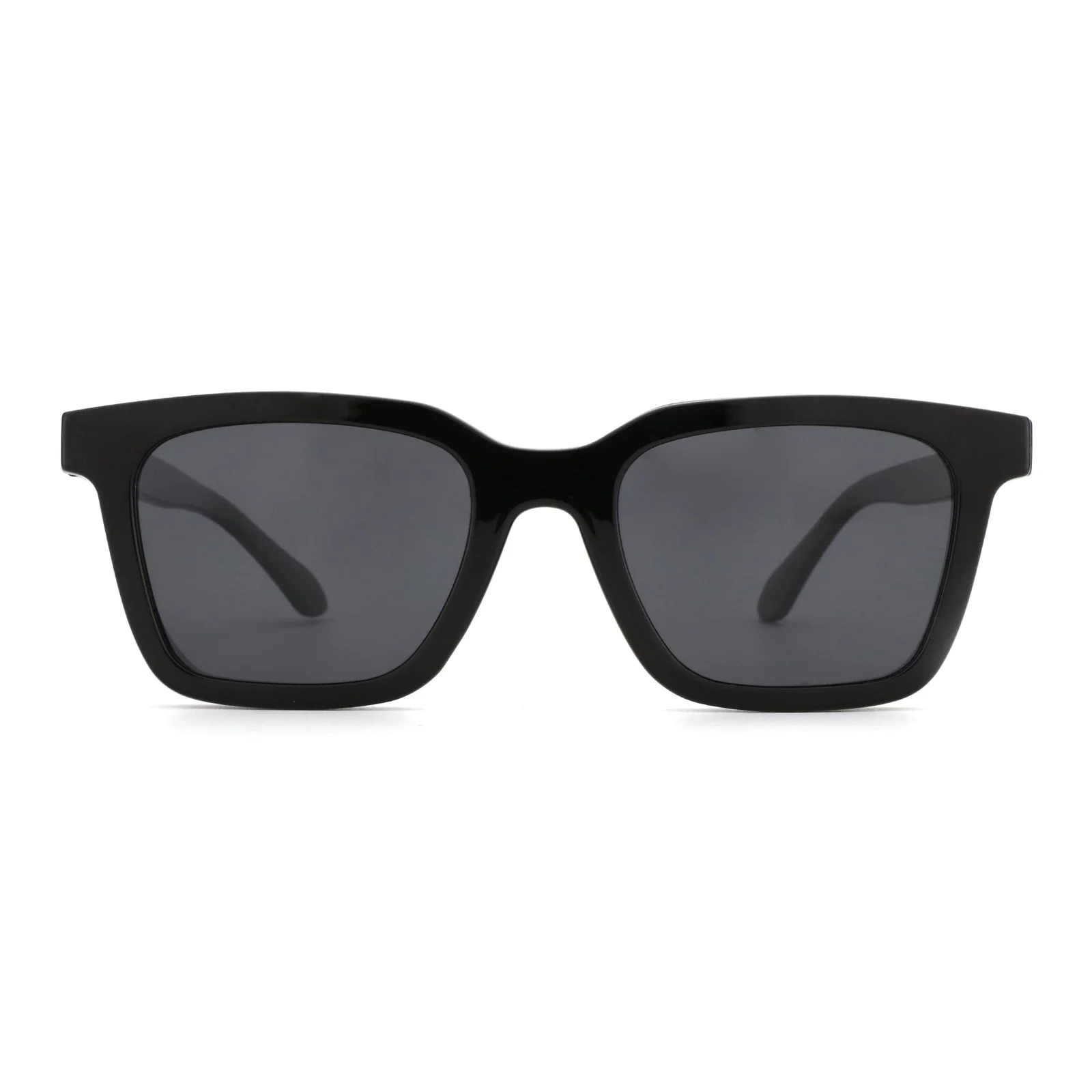 Black rectangular sunglasses with thick frames and dark gray lenses displayed against a white background.