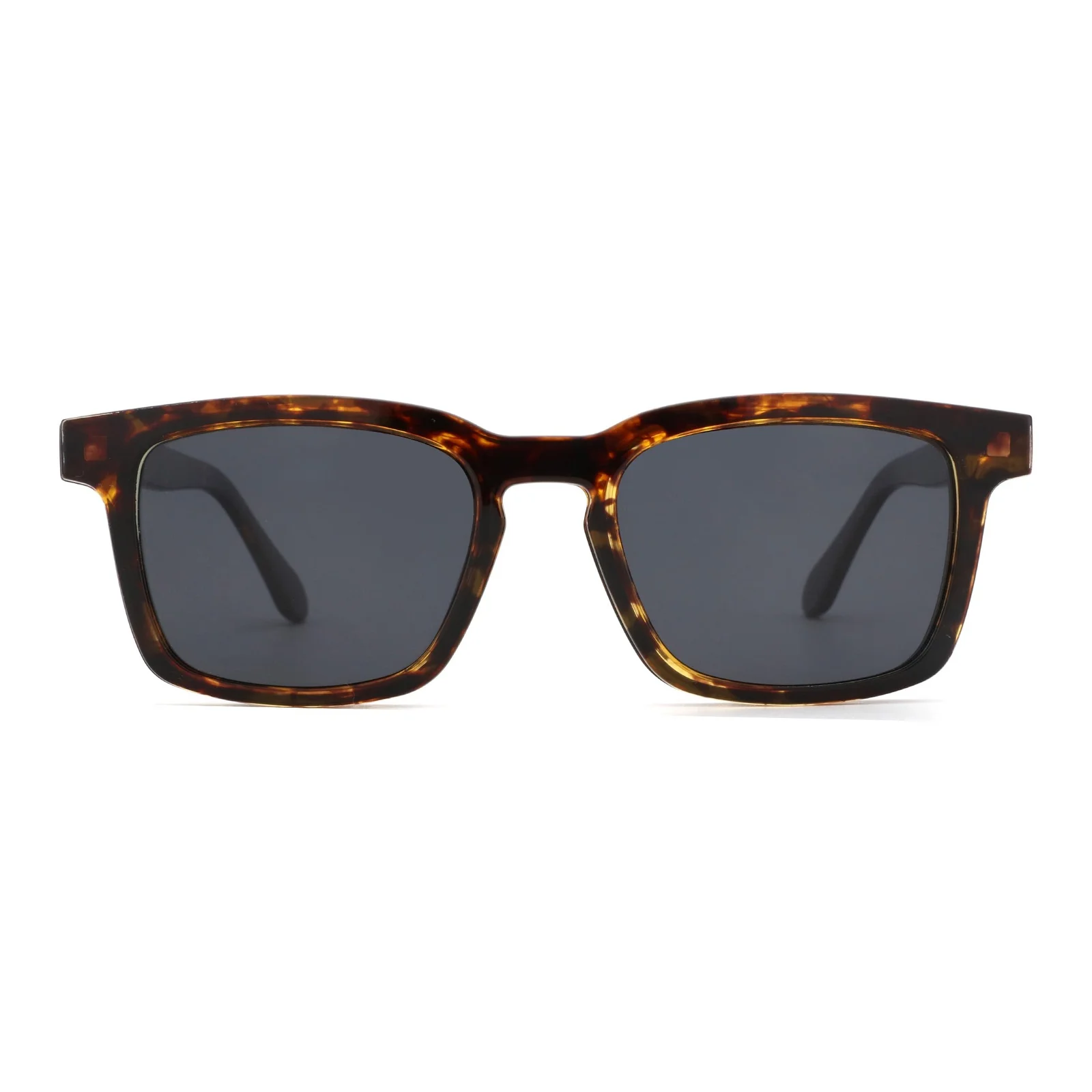 Tortoiseshell rectangular sunglasses with dark gray lenses displayed against a white background.