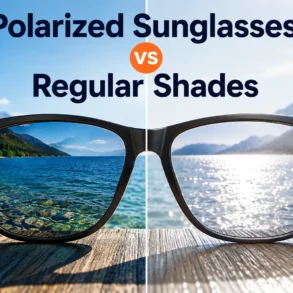 Split comparison graphic showing black sunglasses with a clear lake view through polarized lenses on the left and glare-filled water through regular lenses on the right.