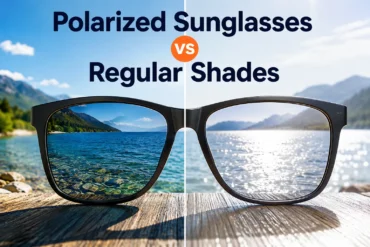 Split comparison graphic showing black sunglasses with a clear lake view through polarized lenses on the left and glare-filled water through regular lenses on the right.