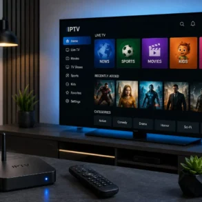 IPTV streaming setup with a smart TV displaying news, sports, movies, kids, and music categories, plus a set-top box and remote on a living room table.