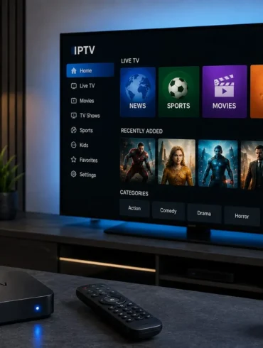 IPTV streaming setup with a smart TV displaying news, sports, movies, kids, and music categories, plus a set-top box and remote on a living room table.