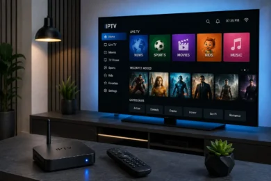 IPTV streaming setup with a smart TV displaying news, sports, movies, kids, and music categories, plus a set-top box and remote on a living room table.