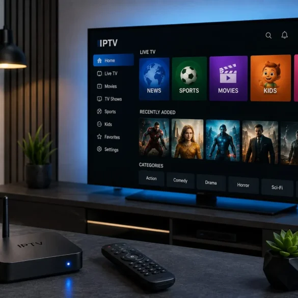 IPTV streaming setup with a smart TV displaying news, sports, movies, kids, and music categories, plus a set-top box and remote on a living room table.