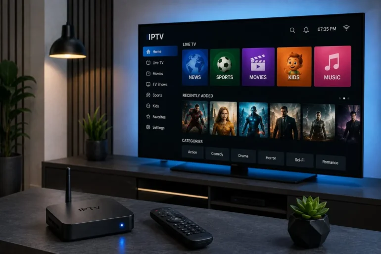 IPTV streaming setup with a smart TV displaying news, sports, movies, kids, and music categories, plus a set-top box and remote on a living room table.
