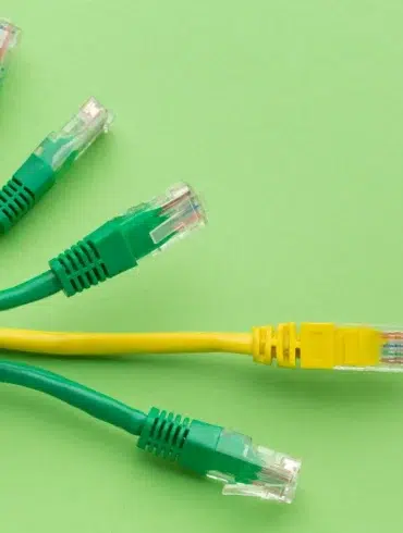Green and yellow Ethernet cables with transparent RJ45 connectors arranged on a bright green background.