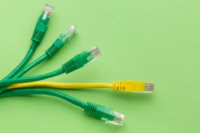 Green and yellow Ethernet cables with transparent RJ45 connectors arranged on a bright green background.