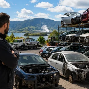 A man stands with folded arms in a salvage yard filled with damaged cars, with a lake and mountains in the background.