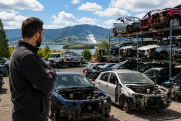 A man stands with folded arms in a salvage yard filled with damaged cars, with a lake and mountains in the background.