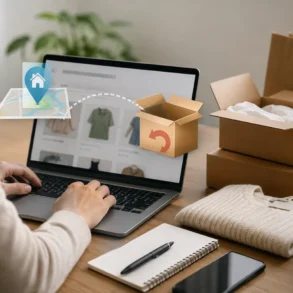 Person shopping online on a laptop beside stacked shipping boxes, a return package, shopping bags, and a home-delivery location graphic.