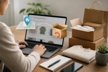 Person shopping online on a laptop beside stacked shipping boxes, a return package, shopping bags, and a home-delivery location graphic.